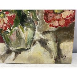 After August Macke (German 1887-1914): Children Dancing Under a Tree, oil on canvas unsigned 29cm x 37cm; English School (20th Century): Flowers in a Vase, oil on canvas board indistinctly signed 44cm x 37cm (one unframed)