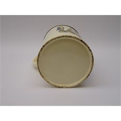 Early 19th century Sunderland Dawson & Co creamware pottery mug, the cylindrical body black transfer printed and polychrome detailed with a circular panel of a three-masted ship flanked by two figures of Peace and Plenty, above a panel containing verse 'May Peace with Plenty on our Nation smile [...]' H15cm D11cm