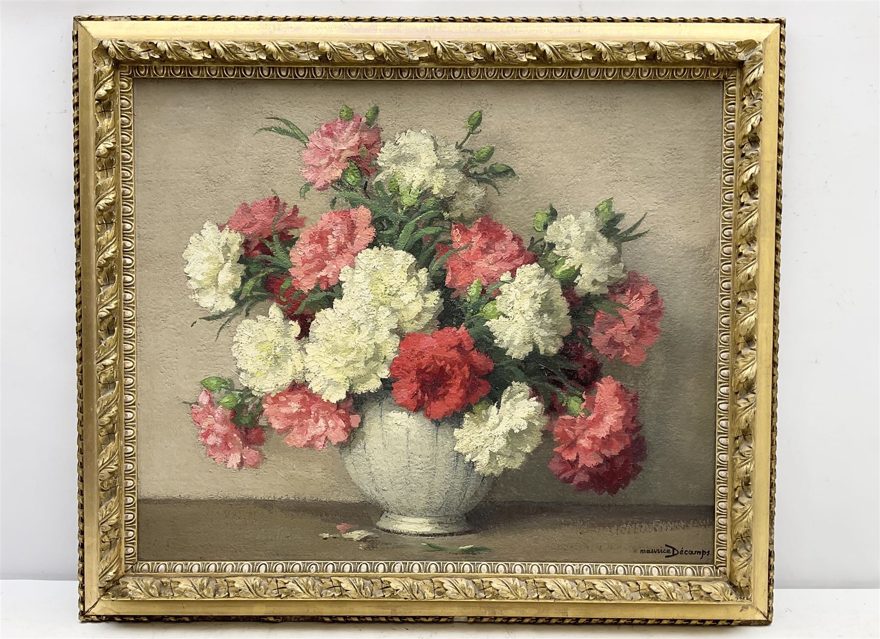 Maurice Alfred Decamps (French 1892-1953): 'Oeillets' - Still Life of Carnations, oil on canvas signed, titled on Frost and Reed label verso 44cm x 54cm 