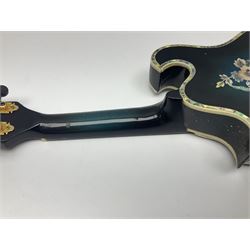 Eastern eight-string F-hole mandolin with blue sunburst finish and mother-of-pearl inlay of flowers and birds L69cm