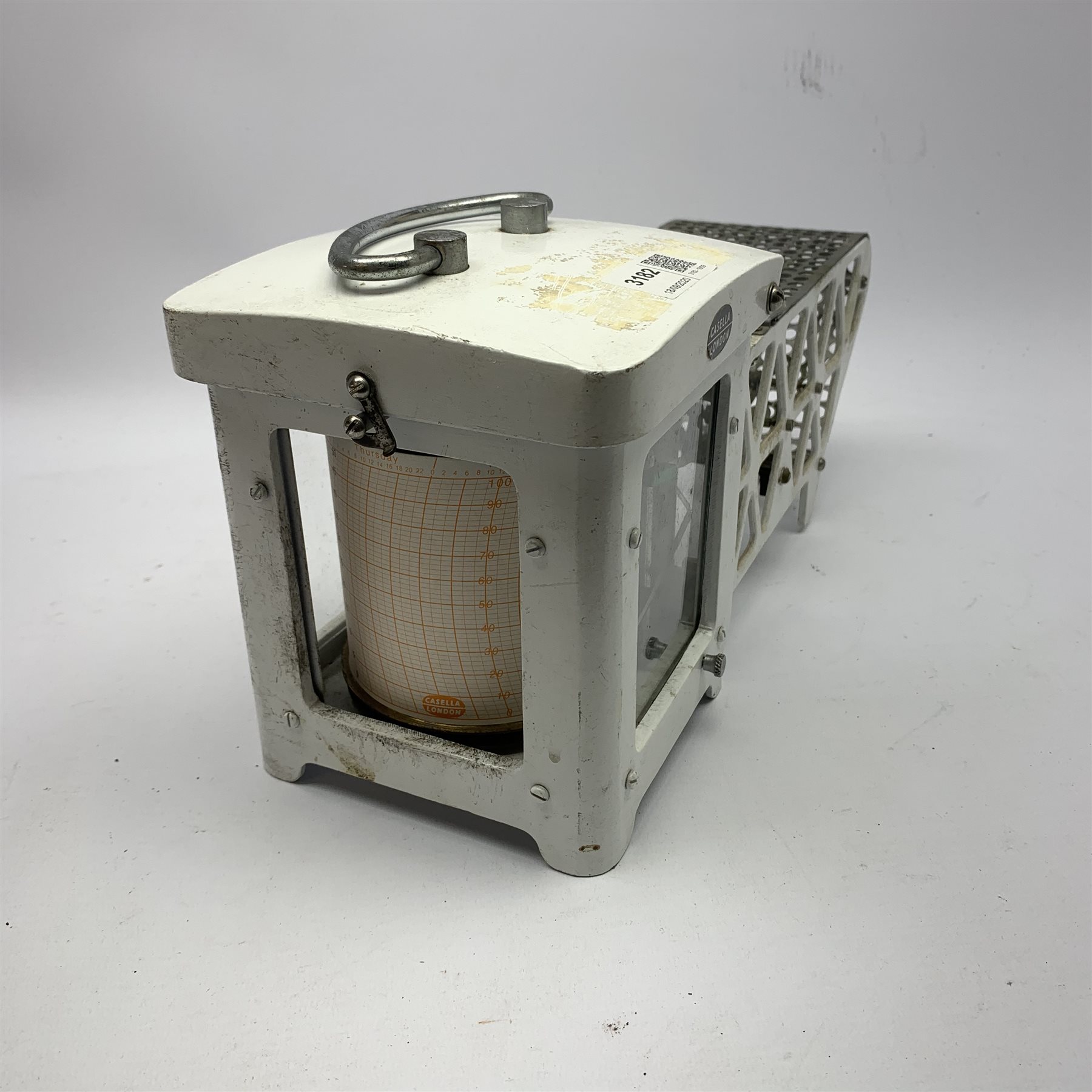 Mid-20th century barograph in white enamelled metal case labelled Casella London L36cm, with box of charts