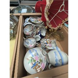 Japanese tea service, wash jug and bowl, Metamec mantle clock, table lamp with shade, and other ceramics and collectables, in four boxes