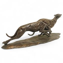 Tessa Pullan (British 1953-): 'Racing Greyhounds', patinated bronze figure, incised with monogram 'TP' and numbered 5/9, with Livingstone Art Founders stamp, W52cm