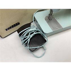 1960s model 347 Singer sewing machine, in baby blue colourway with pedal and original case