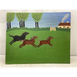 Gladys Hamilton Cooper (British 1899-1975): 'Freedom' - Wild Horses, oil on board, signed titled and dated 1957 verso 61cm x 76cm (unframed)