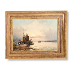 William Anslow Thornley (British fl.1858-1898): 'Sunrise - Gravesend from Tilbury' and 'Moonlight - The Medway before Rochester', pair oils on canvas signed, original title labels verso 25cm x 35cm (2) 
Provenance: with the Kenulf Gallery, Winchcombe, labels verso