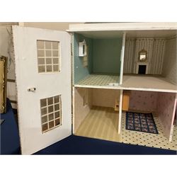 Modern scratch-built Palladian style wooden dolls  house as a 19th century double fronted two-storey property with simulated brick and stone walls under a removable simulated slate hipped roof; the triple hinged front elevation opening to reveal six rooms with central hall, stairs and landing L94cm H56cm D40cm