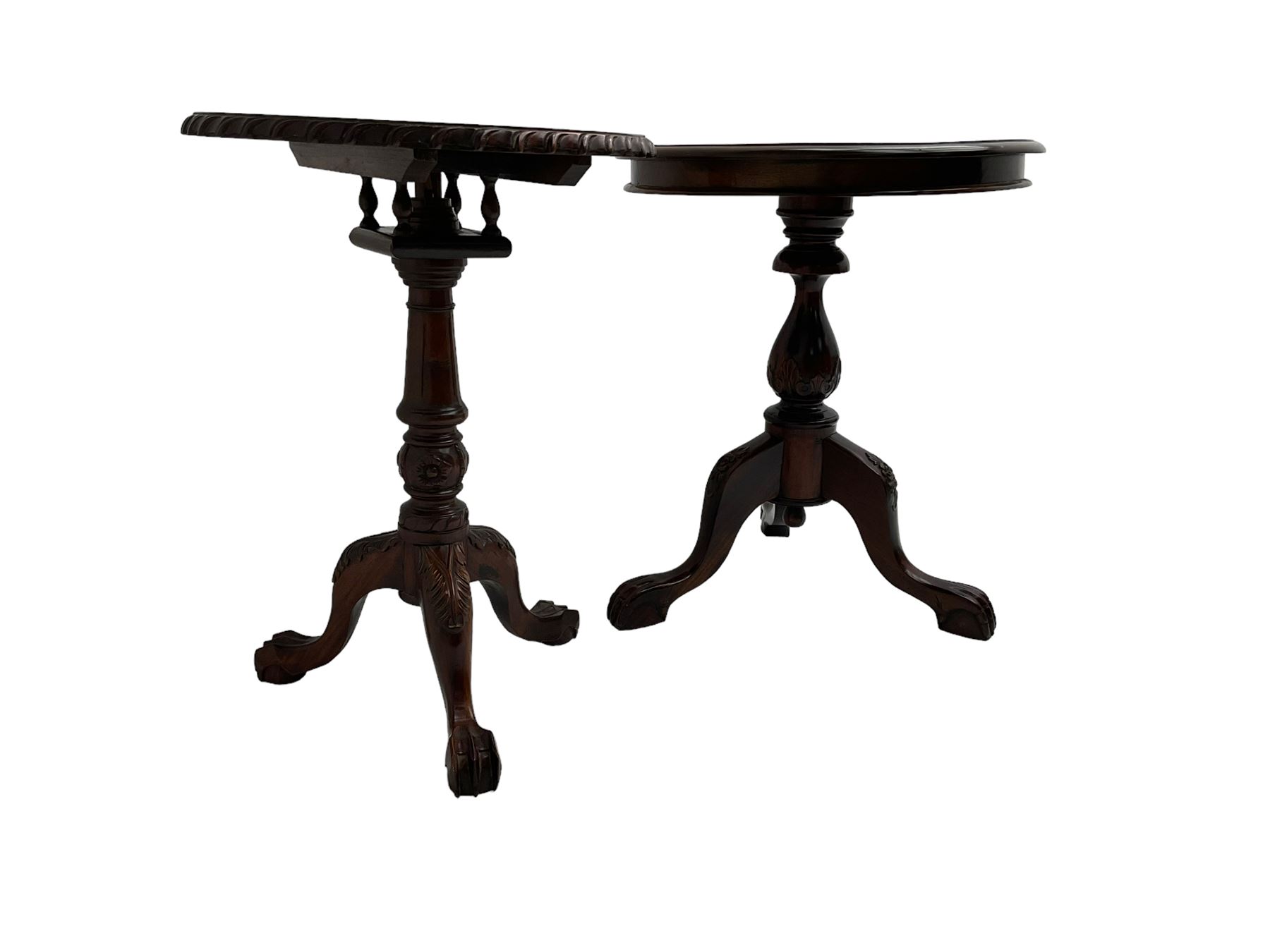 Georgian design mahogany pedestal occasional table, carved edge over birdcage action support, tripod base with acanthus leaf decoration and ball and claw feet (W50cm H70cm); Georgian design occasional table, circular top over vasiform pedestal with tripod base (W59cm H70cm)