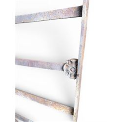 19th century Regency design painted wrought iron country estate gate, strapwork detail with five cast motifs, stamped W & J Rodenhurst, Drayton