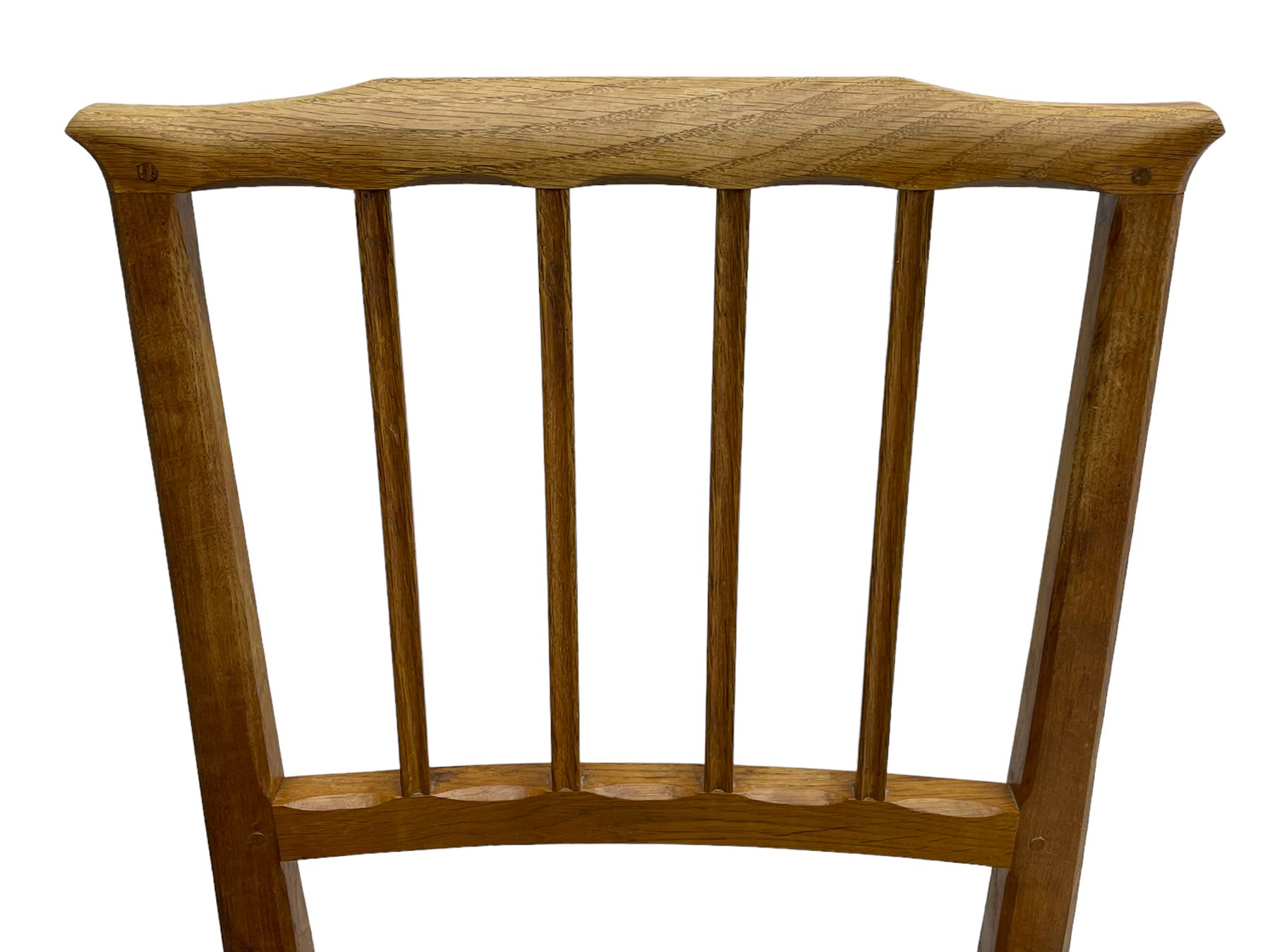 Acornman - set six (4+2) oak dining chairs, shaped cresting rail over moulded upright slats, square tapering supports joined by H-stretchers, by Alan Grainger, Brandsby, York