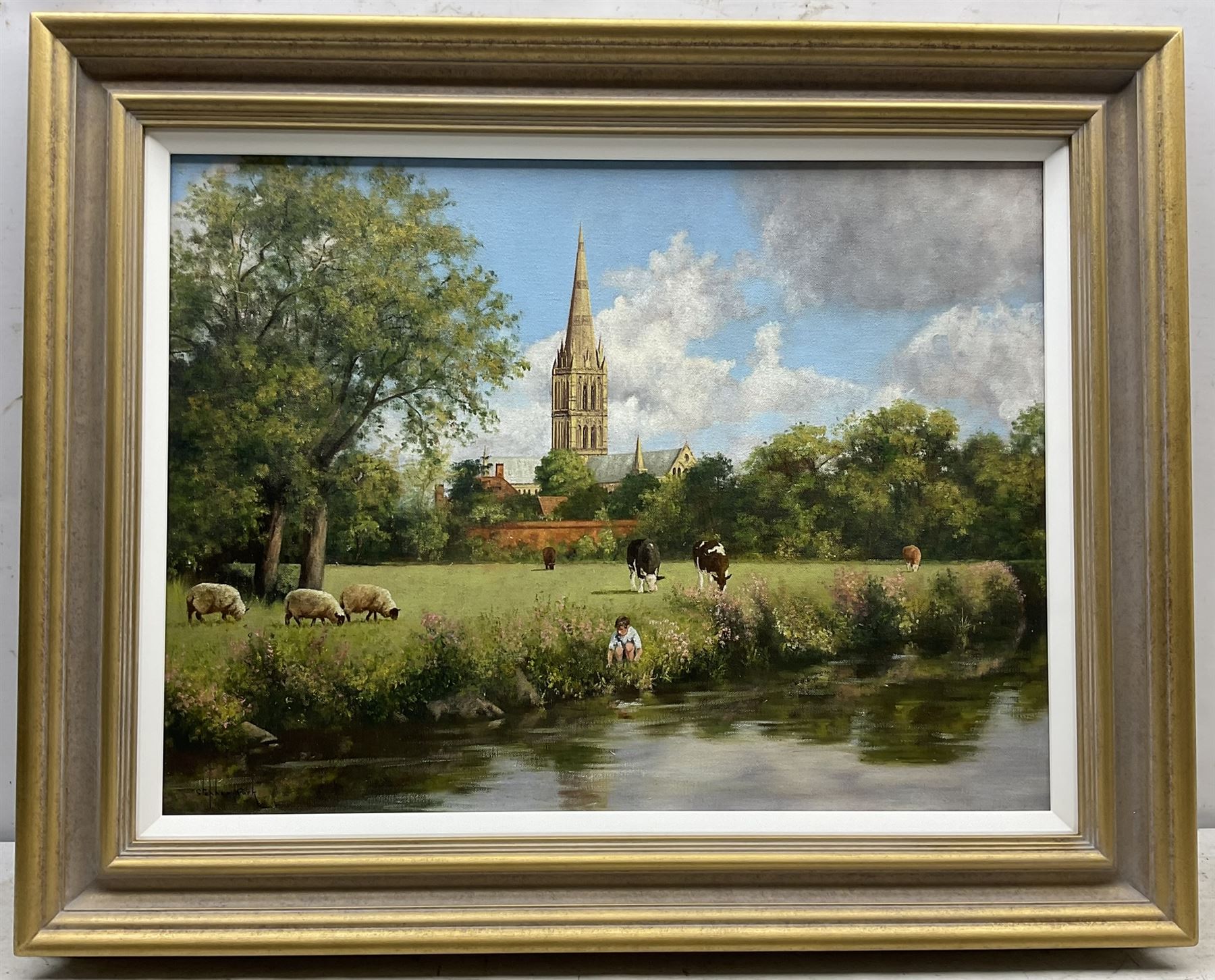 Stephen Park (British 1962-): Salisbury Cathedral from the River, oil on canvas signed 45cm x 60cm
