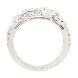 Platinum diamond three row split design ring, nine bezel set round brilliant cut diamonds, spaced by smaller round brilliant cut diamonds, hallmarked, total diamond weight 1.70 carat 