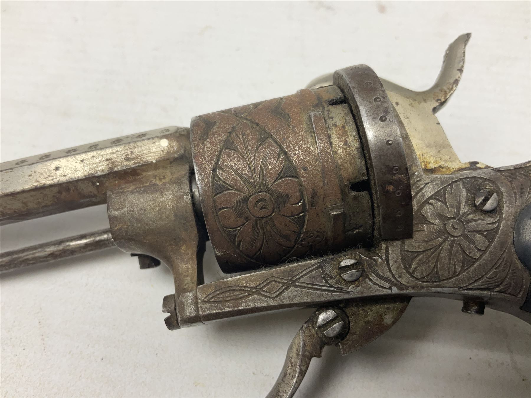 19th century Belgian 7mm pin-fire six-shot revolver with engraved action, folding trigger and ornate grips, ELG proof marks, No.4562 L20cm