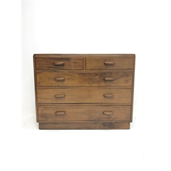 Mid 20th century solid teak chest, two short and three long drawers, W106cm, H85cm, D51cm