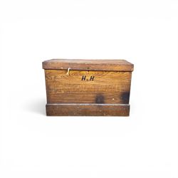 Victorian stained pine carpenters toolbox and contents, fitted interior with saws, planes, chisels etc