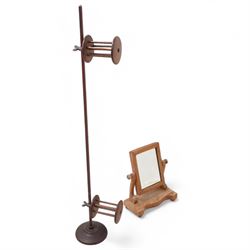 Late 19th century mahogany two-cylinder adjustable wool winder on metal stand H112cm and a Victorian swing toilet mirror (2)
