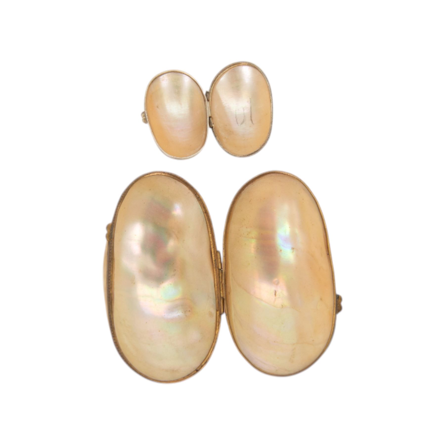 Two Victorian mother of pearl card cases, each approximately H10.5cm W8cm, together with two mother of pearl shell boxes, largest L7.5cm