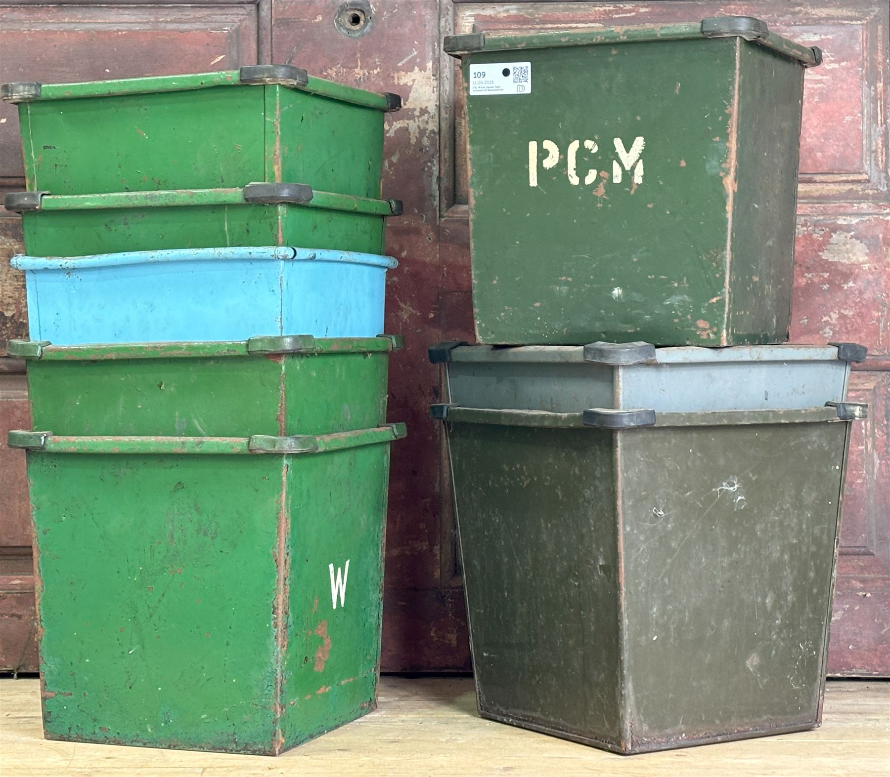 Set of eight mid century painted steel waste paper bins (8) largest H33cm, W34cm, D34cm.  - COLLECTION BY APPOINTMENT FROM: The White House, Thirsk Road, Easingwold, York, YO61 3NF - CALL 01723 507111 TO ARRANGE