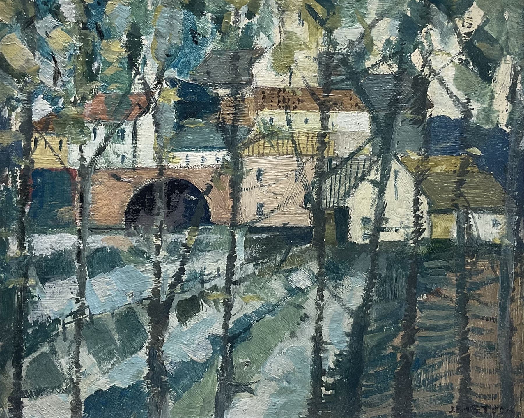 Jack C Metson (British 1905-1987): 'Breton Village', oil on board signed, artist's address label verso 20cm x 23cm