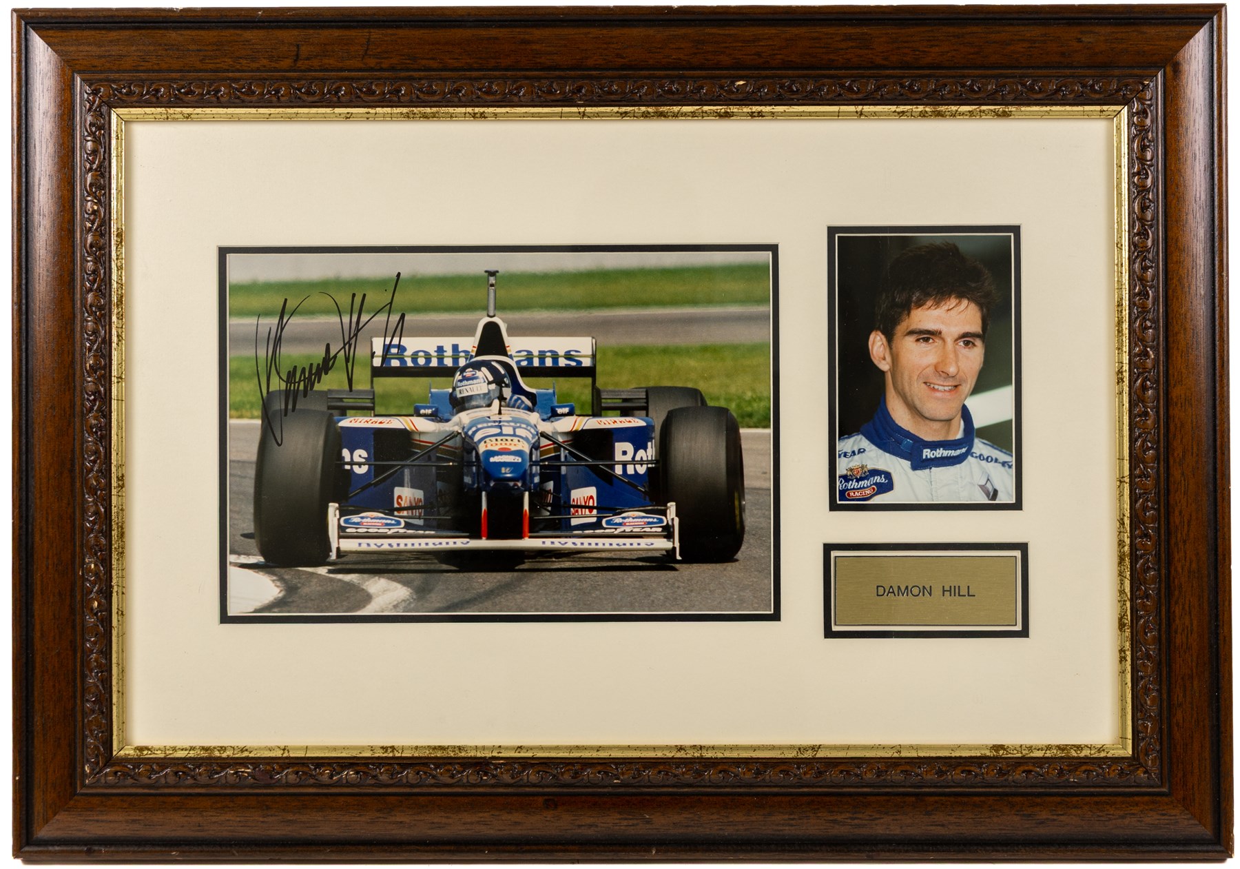 Ten signed Formula 1 photographs, comprising eight Damon Hill examples, Jenson Button and a Nigel Mansell example, nine with certificates of authenticity from Write Stuff Autographs, all framed, largest H47cm, W67cm