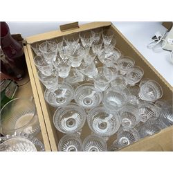 Five boxes of glassware to include coloured glass, vases, drinking glasses , jugs etc