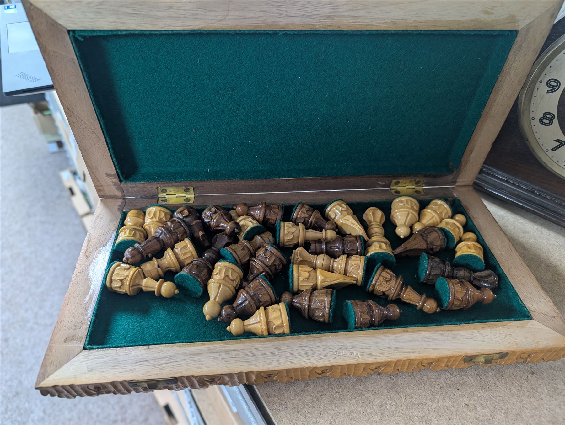 Collection of metalware, including brass weights, fireside tools, sauce boat, etc, together with a chess set, records, two studio pottery lamps etc