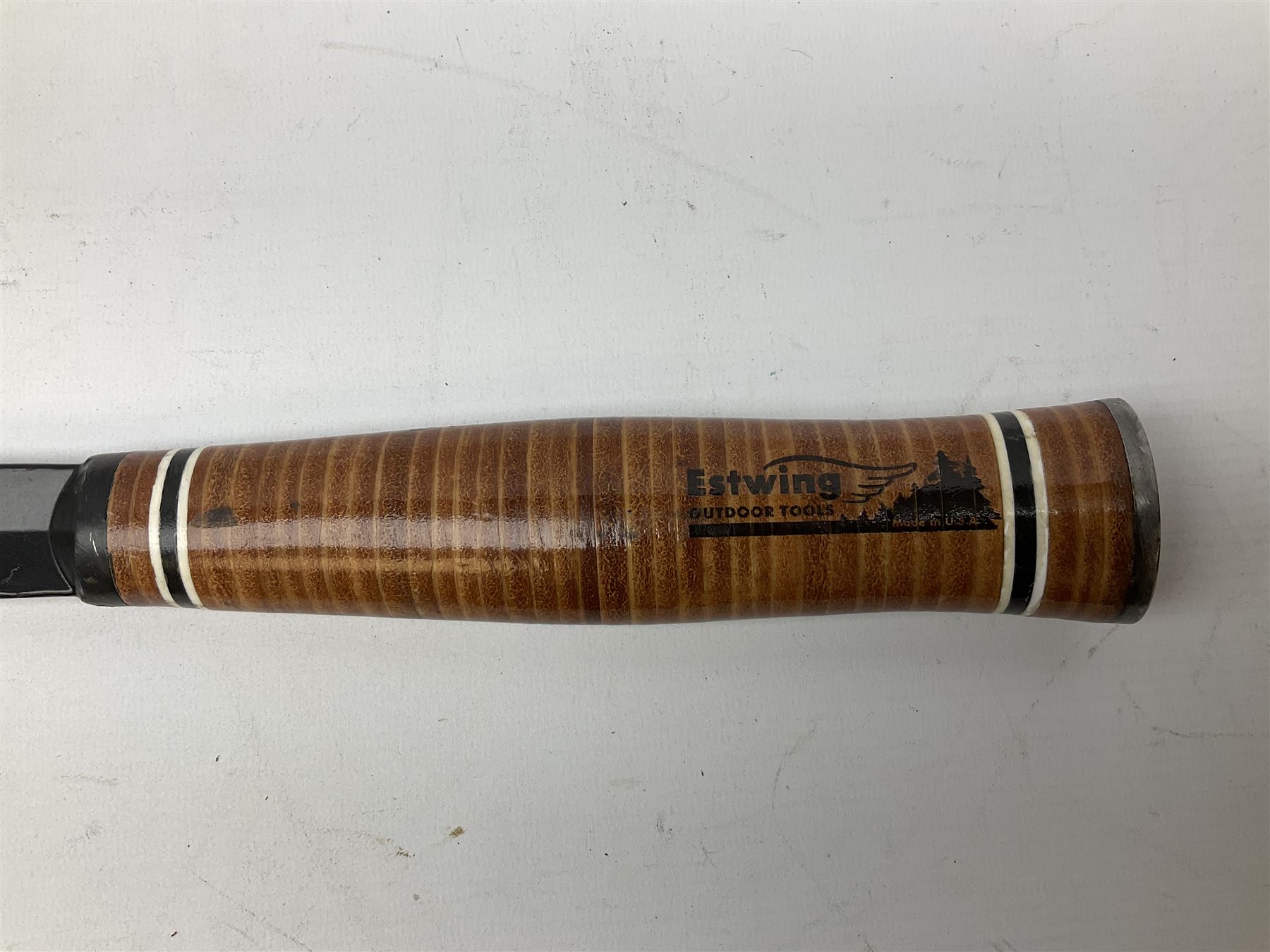 Estwing Black Eagle style double bit throwing axe with leather grip, virtually mint with labels present, plastic blade protectors and nylon sheath L43cm; another smaller Estwing axe stamped 24A to the pommel, with leather grip and sheath; and a vintage short handled hedge knife, the blade stamped IH (?) No.2 (3)