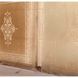 Set of four early 20th century etched glass window panels, ex Duke of Wellington Hotel, York. H117.5cm x 55cm.  - COLLECTION BY APPOINTMENT FROM: The White House, Thirsk Road, Easingwold, York, YO61 3NF - CALL 01723 507111 TO ARRANGE
