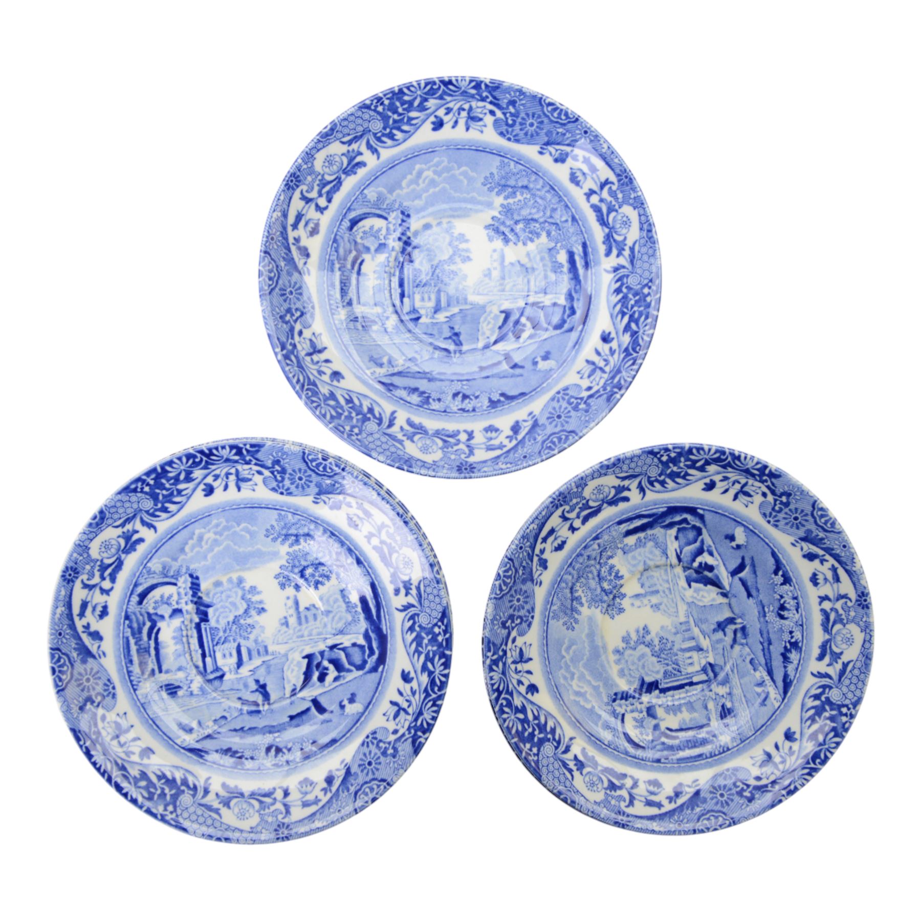 Spode tea service in Temple pattern, comprising twelve cups and saucers, open sucrier, milk jug, two side plates, together with Spode Italian pattern, six cups and saucers