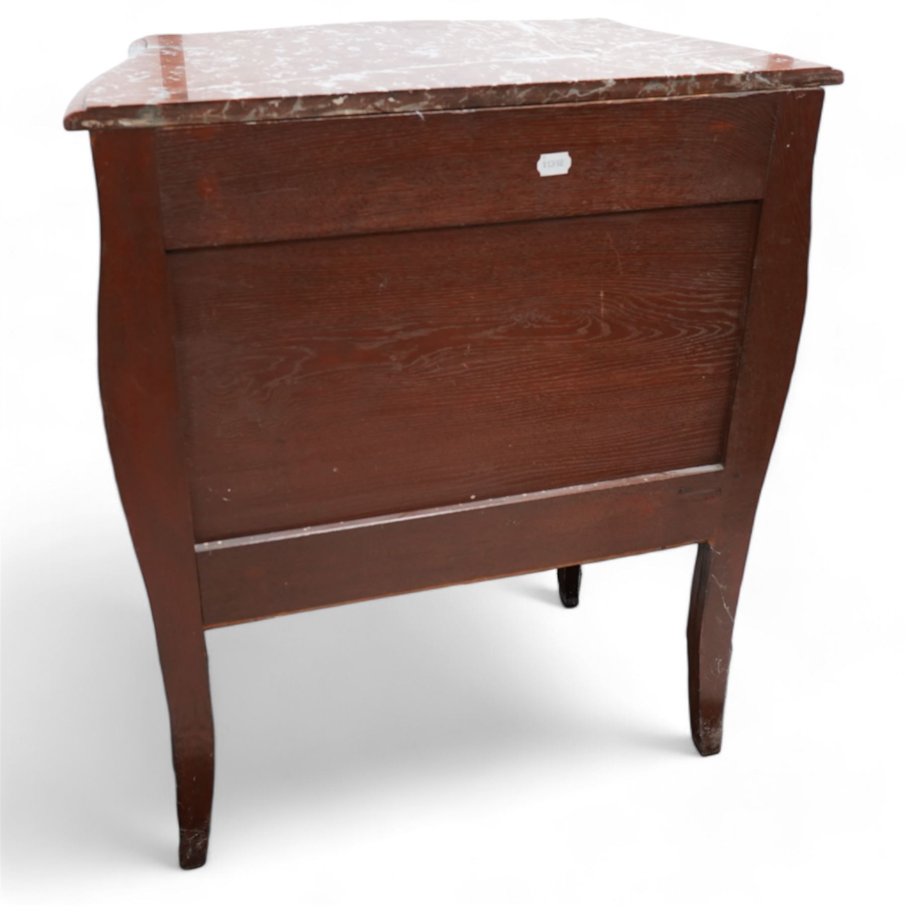 Early 20th century French walnut and rosewood marquetry bombe chest, shaped marble top over three drawers, each with gilt-metal cock-beading and handles, inlaid with overall floral decoration, flanked by gilt metal scrolling cartouche mounts and matching apron, on splayed supports