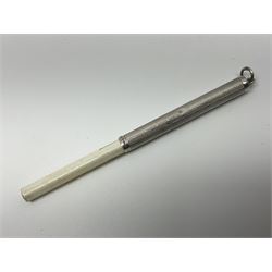 Victorian style silver chatelaine necklace, suspending eight silver sewing and similar accessories, including tape measure, needle case, pencil holder, powder compact and pill box