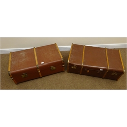  Two vintage travel trunks, hinged lid with clasp, W87cm, H34cm, D52cm  