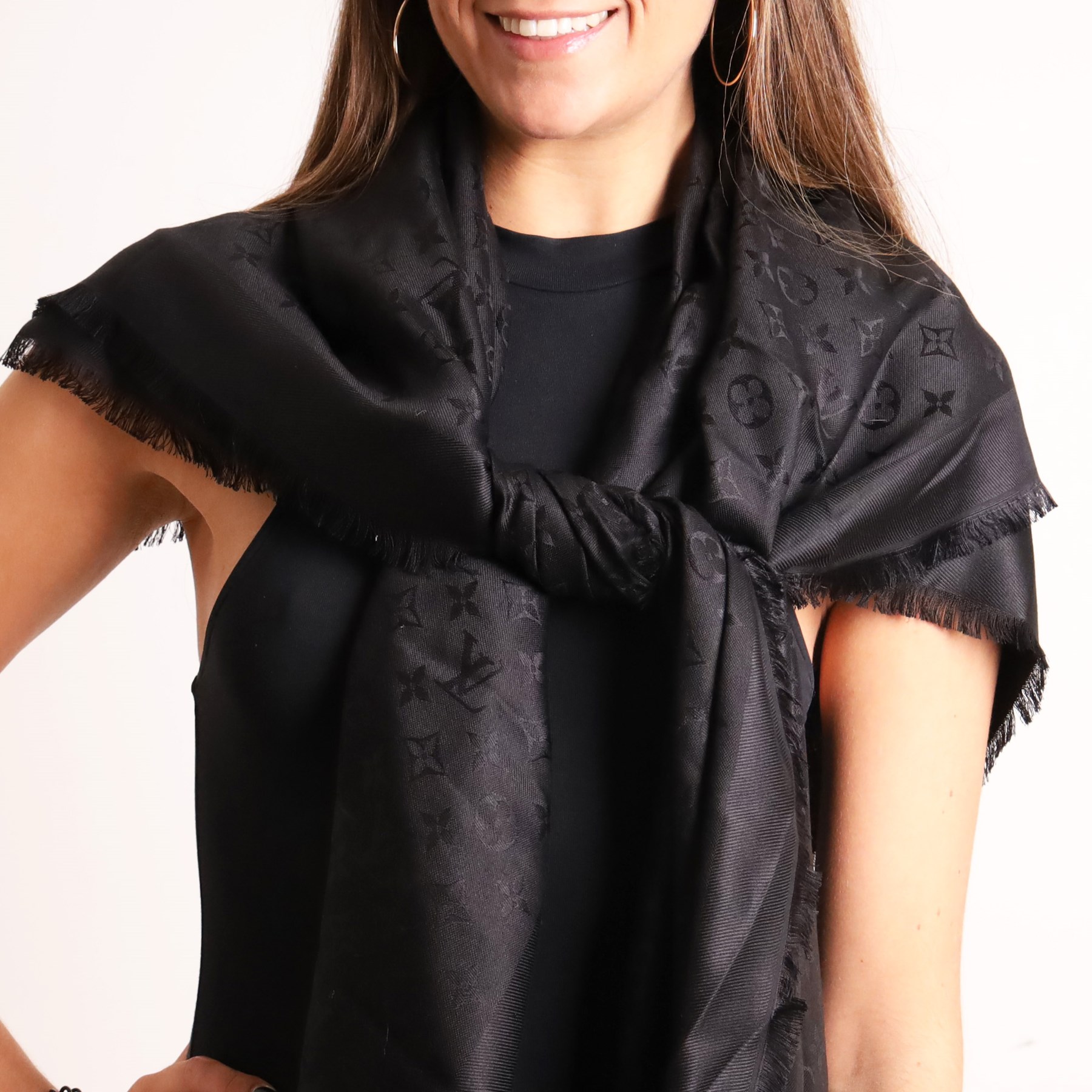Louis Vuitton - large black Monogram silk and wool shawl, woven tone-on-tone with fringed edges