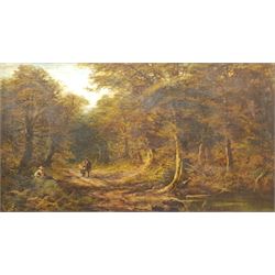 P Potter (British 19th century): Figures on a Forest Path, oil on canvas signed 57cm x 104cm in heavy gilt frame