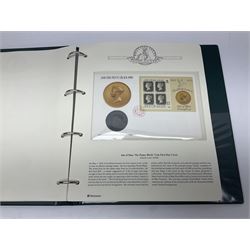 Coin covers including Isle of Man 1996 'Royal British Legion 75th Anniversary' containing 1995 two pounds, Alderney 1996 'Queen Elizabeth II 70th Birthday' containing 1996 five pounds, 2020 'End of the Second World War' containing UK 2020 two pound coin etc, housed in six ring binder folders