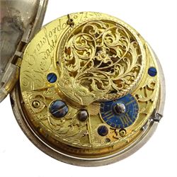 George III silver pair cased verge fusee pocket watch by David Crawford, Newcastle, No. 671, square baluster pillars, pierced and engraved balance cock, enamel polychrome dial depicting a figure fishing by a bridge, Roman hours and Arabic outer minute ring, beetle and poker hands, bull's eye glass, case markers mark D.P, London 1771