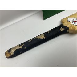 Annotated display board of clay pipes; rootwood walking stick and Yorkshire CCC signed cricket bat 2001