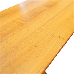 Knightman - oak rectangular refectory four pillar dining table, rectangular plank top, over twin pillar supports to both ends, united by a single stretcher with sled feet, with carved knight signature, by Horace Knight of Thirsk