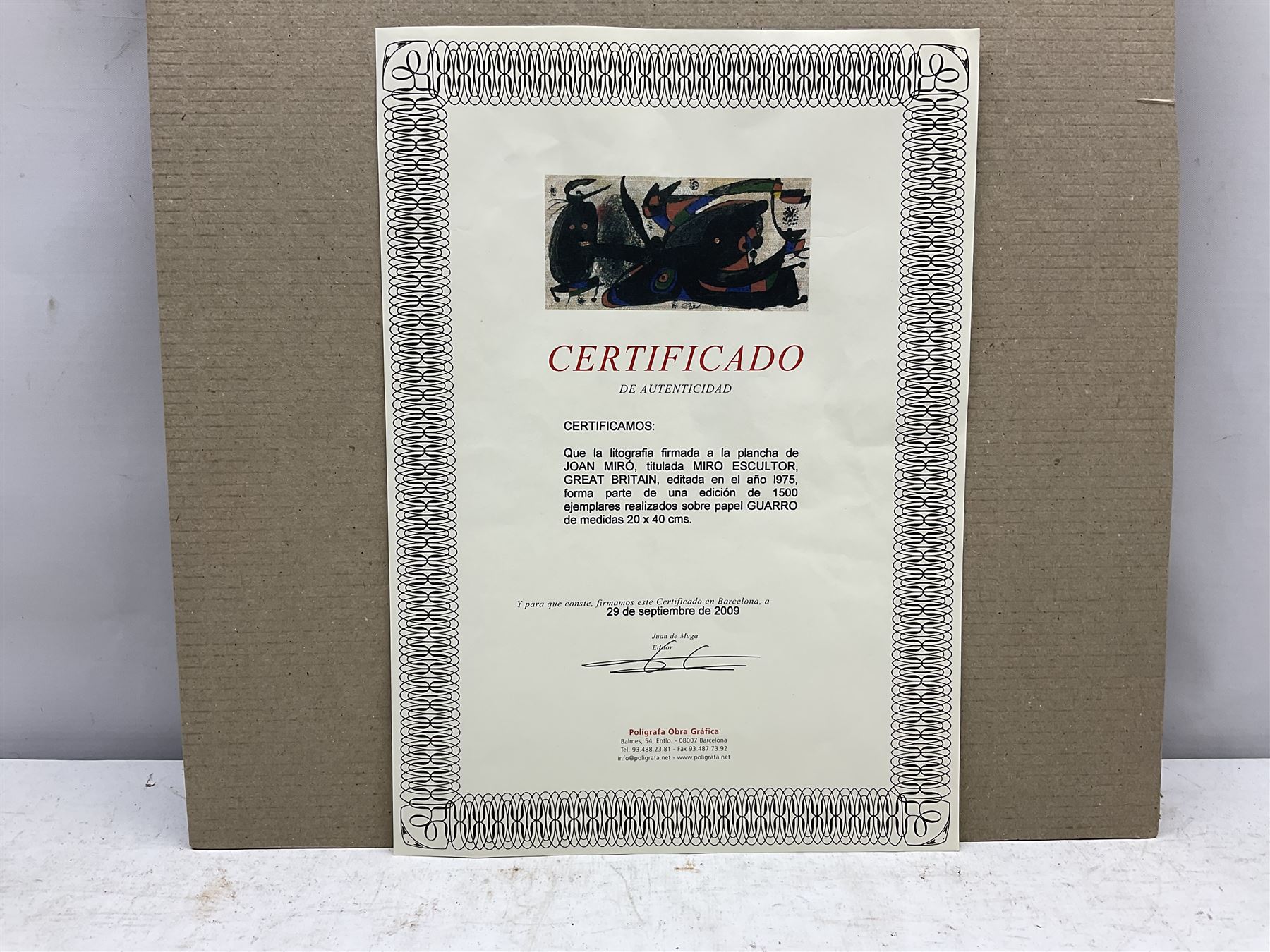 Joan Miro (Spanish 1893-1983): 'Miro Escultor Great Britain', chromolithograph pub. Poligrafa Obra Grafica 29th Sept. 2009, 20cm x 40cm with certificate (unframed)