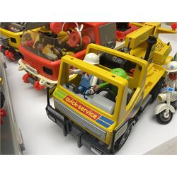 Collection of 1980s/90s Playmobil - vehicles including Fire-Engine No.21, Mobil Crane No.28, Quick Service Truck No.1 with trailer, Dumper Truck, GSL Sports car, GS Turbo car and three motorcycles; together with boxed Knights Tournament Set, Playmospace Space Station and Shuttle, wigwam and various accessories and figures etc