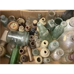 Quantity of mostly vintage glass bottles including examples of local interest, other glass jars and stoneware etc in wood crate