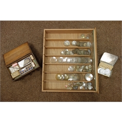  Collection of pocket watch glasses, pocket watch faces, small pine watch makers chest with contents   