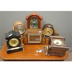  Victorian black slate and marble mantel clock, Art Deco period walnut and birds eye maple cased mantel clock, two early 20th century oak clocks, 'Lincoln' 31-day mahogany cased mantel clock and another early 20th century clock  