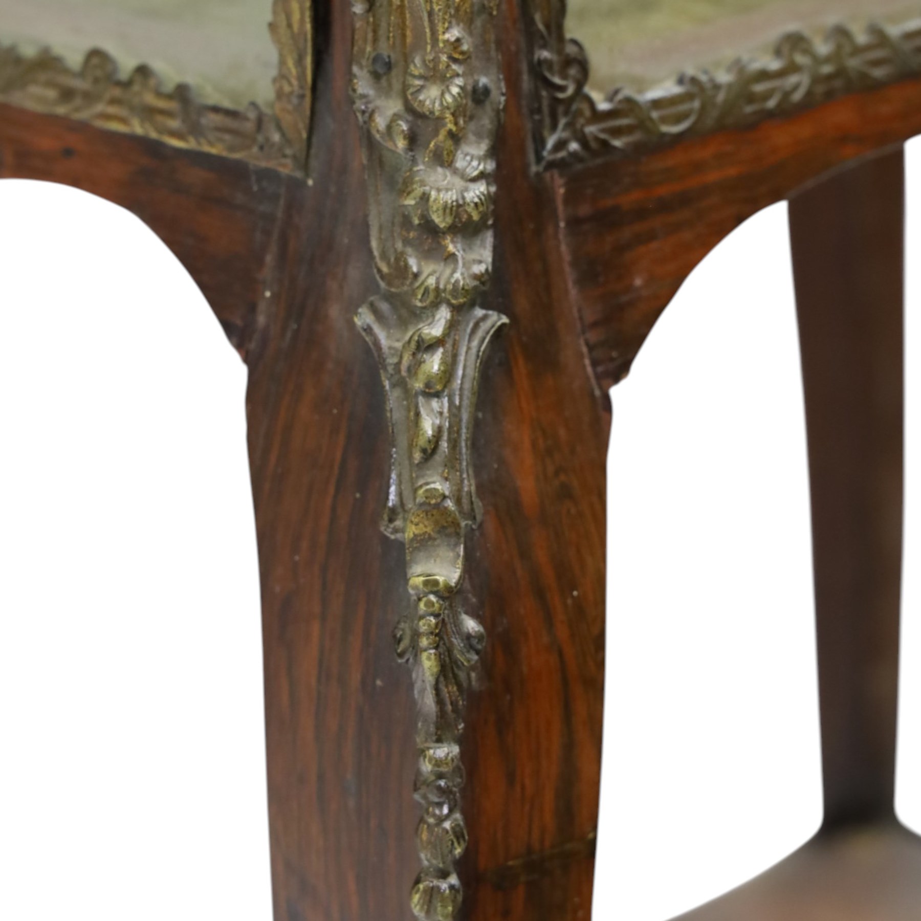 Louis XV style rosewood and marquetry bijouterie table,  glazed hinged top within a floral marquetry border and gilt metal moulded edge, above glazed sides and a baize lined interior, raised on cabriole legs with gilt metal mounts and sabots, united by an undertier