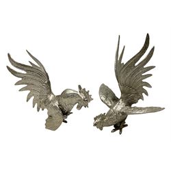 Pair of silver plated fighting cockerel figures, tallest example H18.5cm