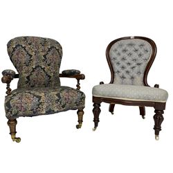 Victorian walnut framed open armchair, scrolled arm terminals over spiral turned arm supports, upholstered in foliate patterned fabric with sprung seat, on turned supports and brass castors (W65cm H92cm); and Victorian mahogany nursing chair with lobe carved supports (W60cm H92cm)