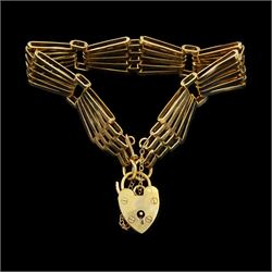 9ct gold fancy tapered five bar link bracelet, with heart locket clasp, Birmingham 1970