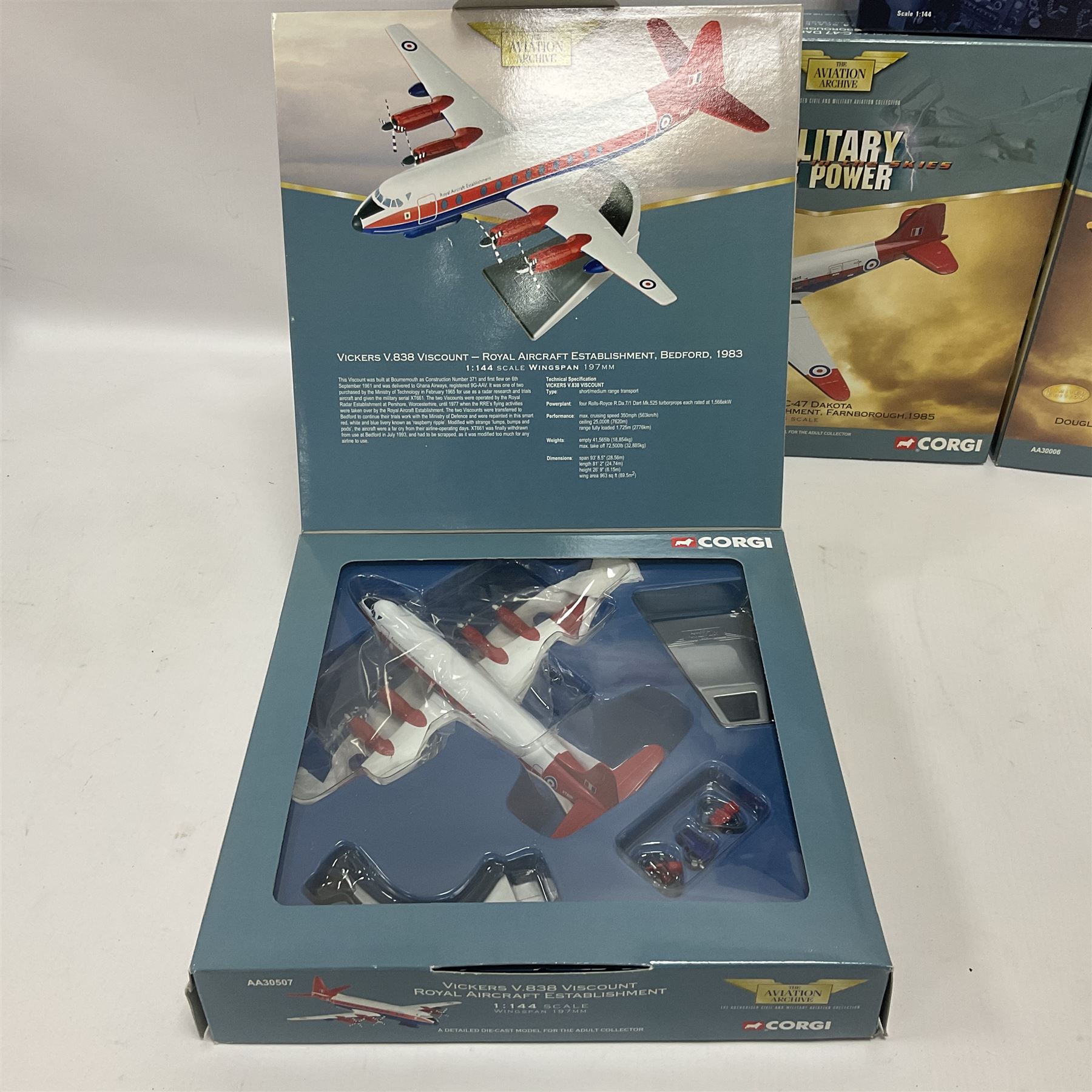 Corgi - Aviation Archive, five ‘Military Air Power’ 1:144 scale models comprising first issue 47509 Lockheed C-121A Constellation Mats; limited edition 48604 Bristol Britannia 253/CMK1 XM-496 Royal Air Force Transport Command limited edition no.1863/2700; two limited edition Thunder in the Skies models AA30005 Douglas C-47 Dakota no.1093/1900, and AA30507 Vickers V.838 Viscount no.1366/1500; limited edition AA30006 Modern Era Douglas C-47A Dakota - USAF 20th Tactical Fighter Wing no.639/1400; all boxed 