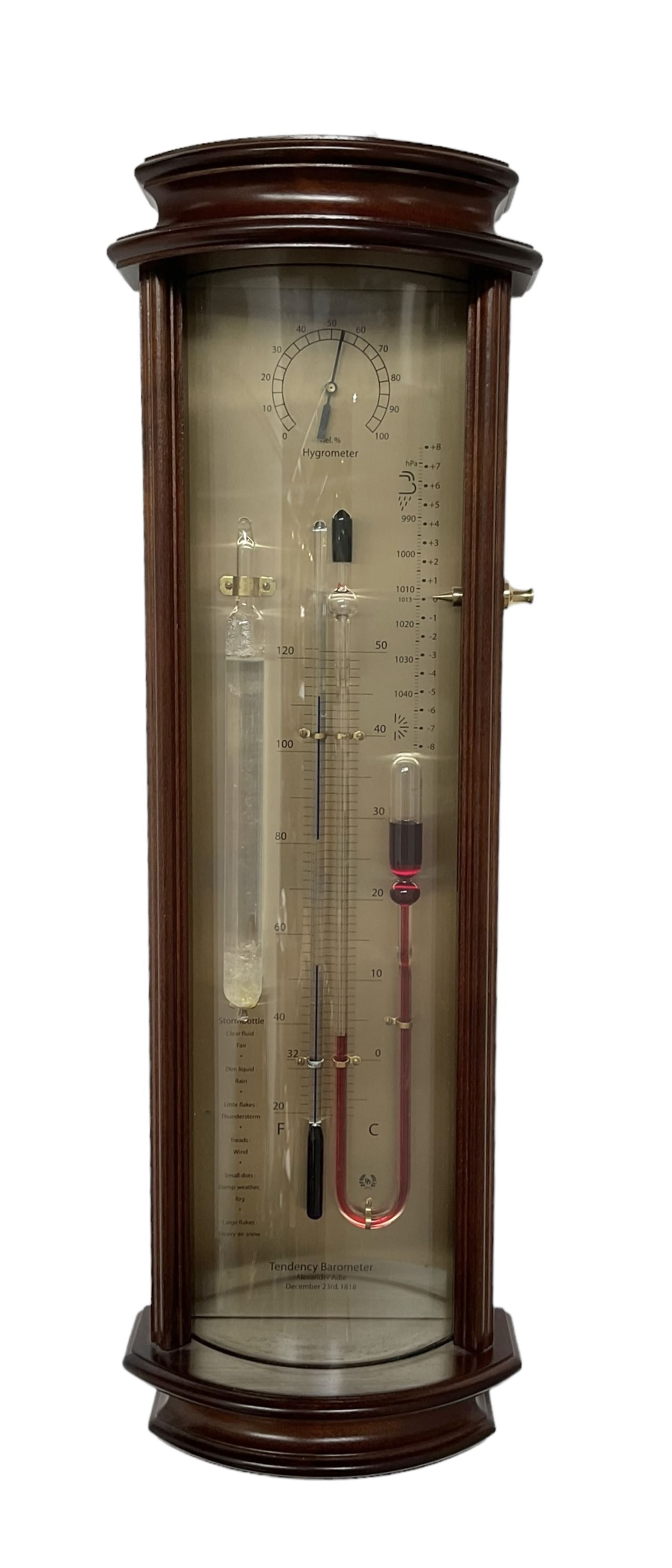 20th century Tendency Barometer -  to the design of Alexander Adie the 19th century inventor of the Sympiesometer, in a mahogany convex case with astragal moulding to the top and base, with an engraved silvered register, spirit thermometer, comparison Sympiesometer bulb and storm glass, adjustable vernier and hygrometer.
