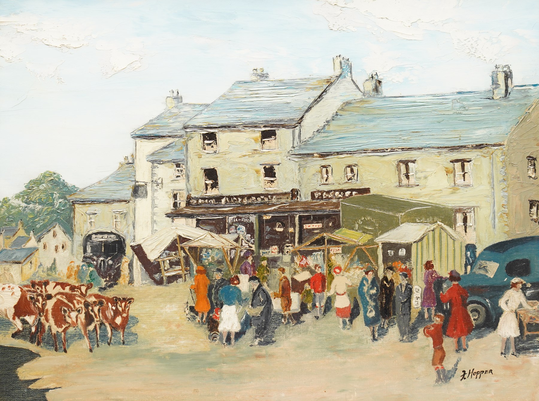 Florence Hopper (East Yorkshire 20th century): 'Market Day - Hawes', oil on board signed, titled on label verso 34cm x 44cm